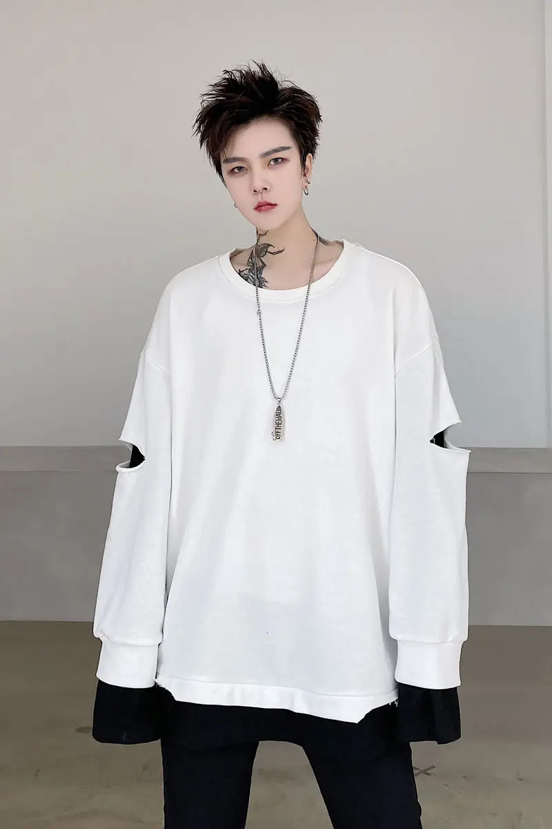 

IEFB 2021 Spring Color Contrast Stitching Hole Design Loose Men's Long Sleeve Sweatshirts O-neck Oversize Pullover Tops 9Y5350