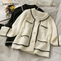 new mink cashmere loose sweater cardigan jacket women autumn and winter short bright silk stripe thickened knitted top coat 2021