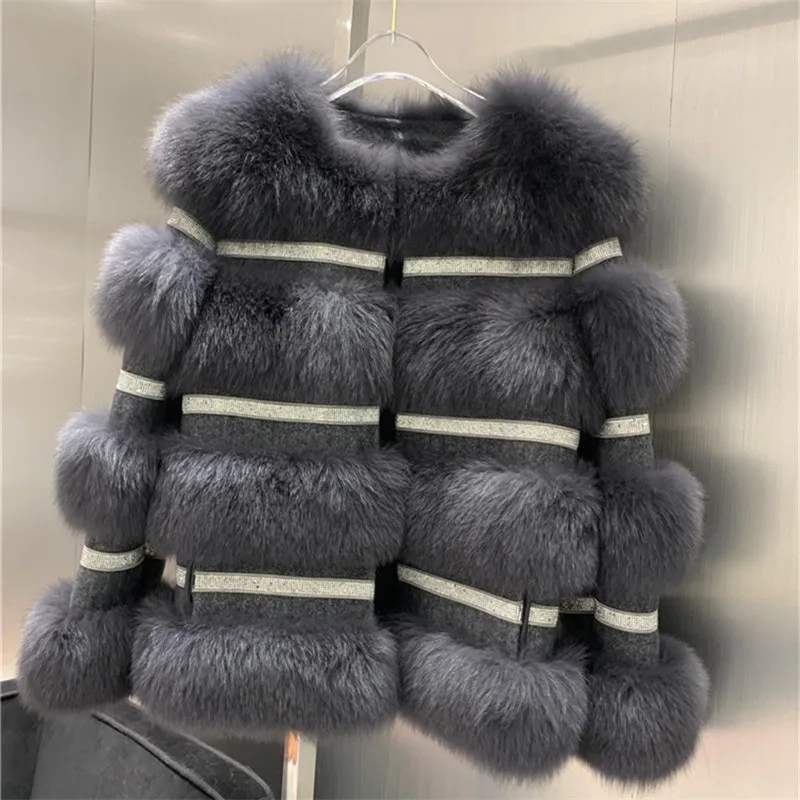 2022 Winter New Real Fox Fur Coat Women Genuine Fox Fur Jacket Splicing Cashmere Woolen Fur Coats With Crystal Diamonds