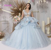 light blue ball gown quinceanera dress 2021 sheer neck tulle bow tiered appliques princess sweet 16 gowns vestidos de 15 a%c3%b1os