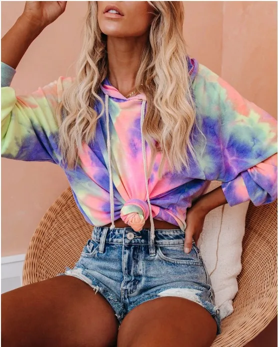 

2020 Women's Long-Sleeved Casual Tie-Dye Print Hooded Fashion Hoodies Streetwear Spring Autumn Hoodies Female Sweatshirt Tops