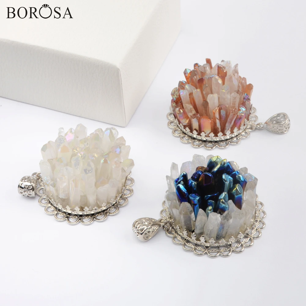 

BOROSA Natural Aura Crystal Cluster Flower Pendant Charms Silver Color Titanium AB Druzy Quartz Point Bohemia Jewelry WX1604