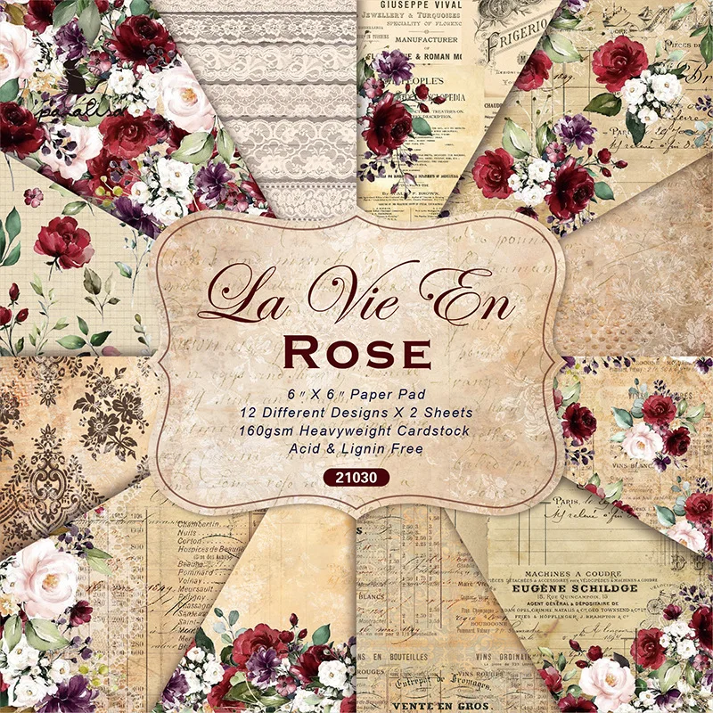 

24 Sheets Rose Theme Scrapbooking Packs Paper Origami Art Scrapbook Crafts DIY Photo Album Background Pads Paper Card Making