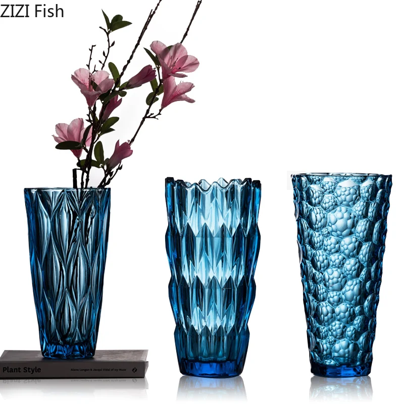 Blue Glass Vase Transparent Vases for Flowers Creative Relief Modeling Hydroponic Floral Artificial Flower Ornaments Desk Decor | Дом и сад