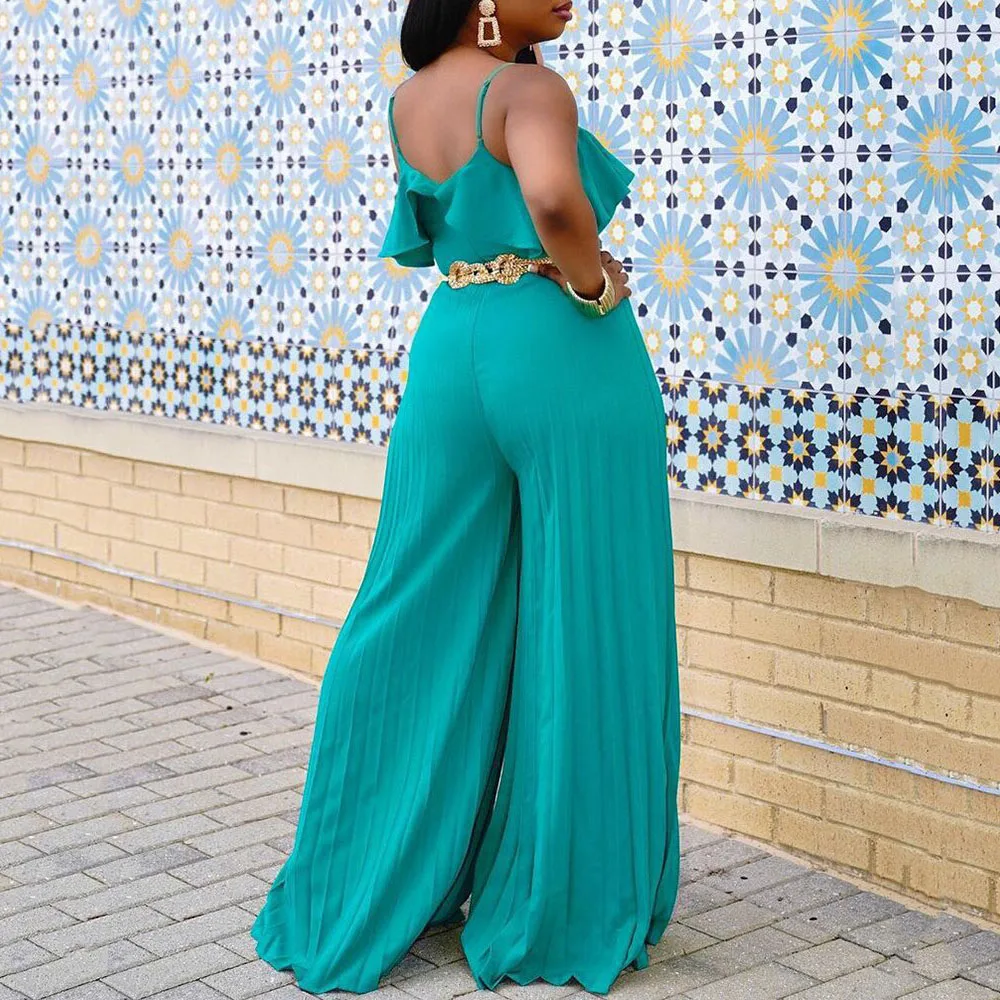 

2021 Summer European American Women's Fashion Jumpsuit Sexy Sling Pleated Wide Leg Pants Ruffled Solid Color V-neck High Waist