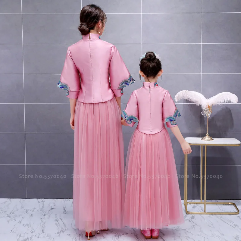 Китайское традиционное платье Тан для матери дочери и девочек вышитый Чонсам