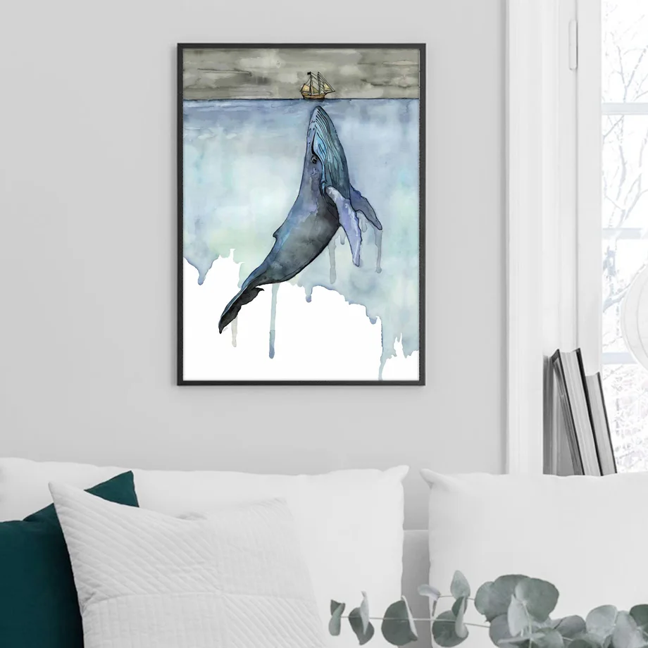 Whale Sea Boat Moon Cartoon Wall Art Print Canvas Painting Nordic Posters And Prints Pictures Baby Kids Room Decor | Дом и сад