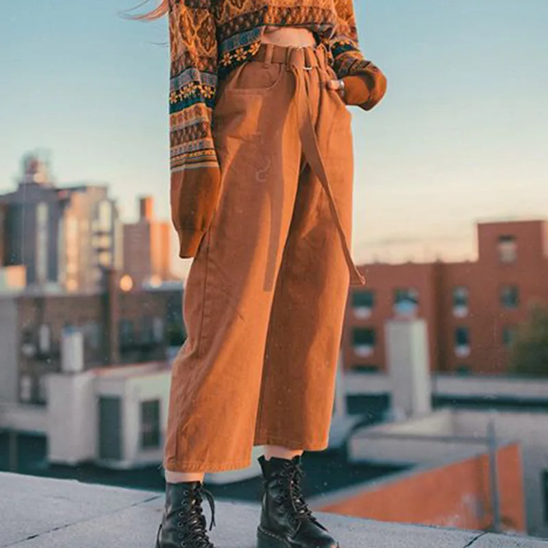 

Brown Pants Women Autumn Wide Leg Pants Mid Waist Ankle Length Pants Straight Trousers with Sashes Female Harajuku Oversize