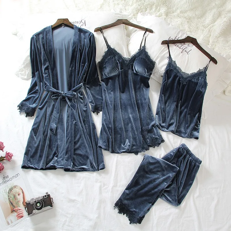 

Women Velvet Kimono Bathrobe Gown Sleepwear 2021 Autumn New Nightwear 4PCS Pajamas Suit Soft Nightgown Intimate Lingerie