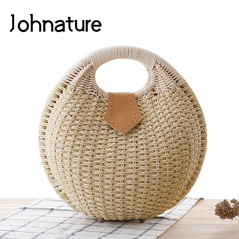 Женская сумка ручной работы Johnature однотонная круглая с застежкой летняя 2022 |