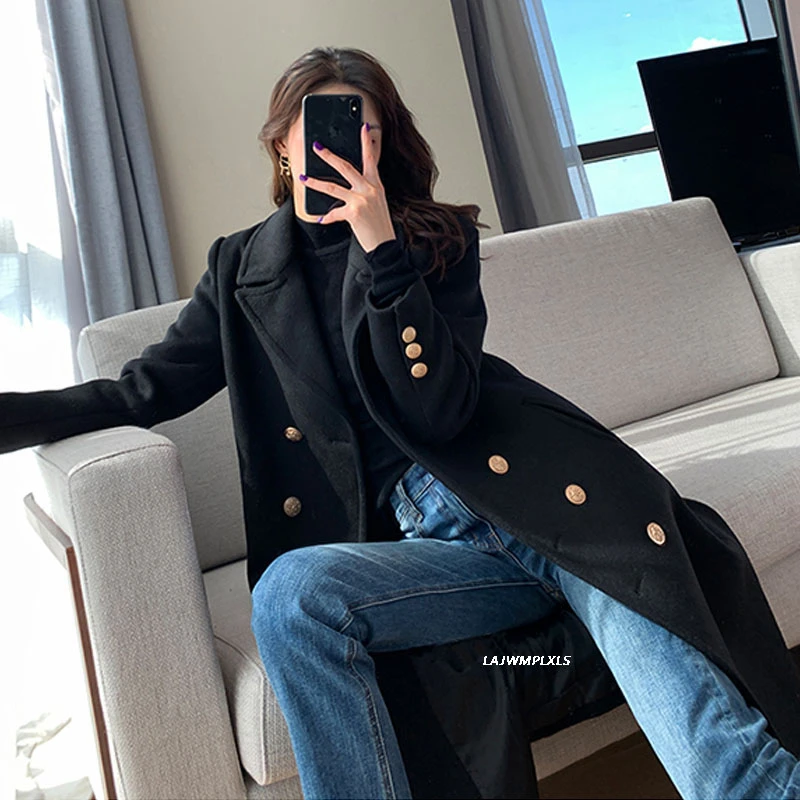 

2021 New Fashion Winter Vintage Black Long Woolen Coat Winter Women Woolen Coat Korean Over Knee Loose Loose Woolen Coat Tide