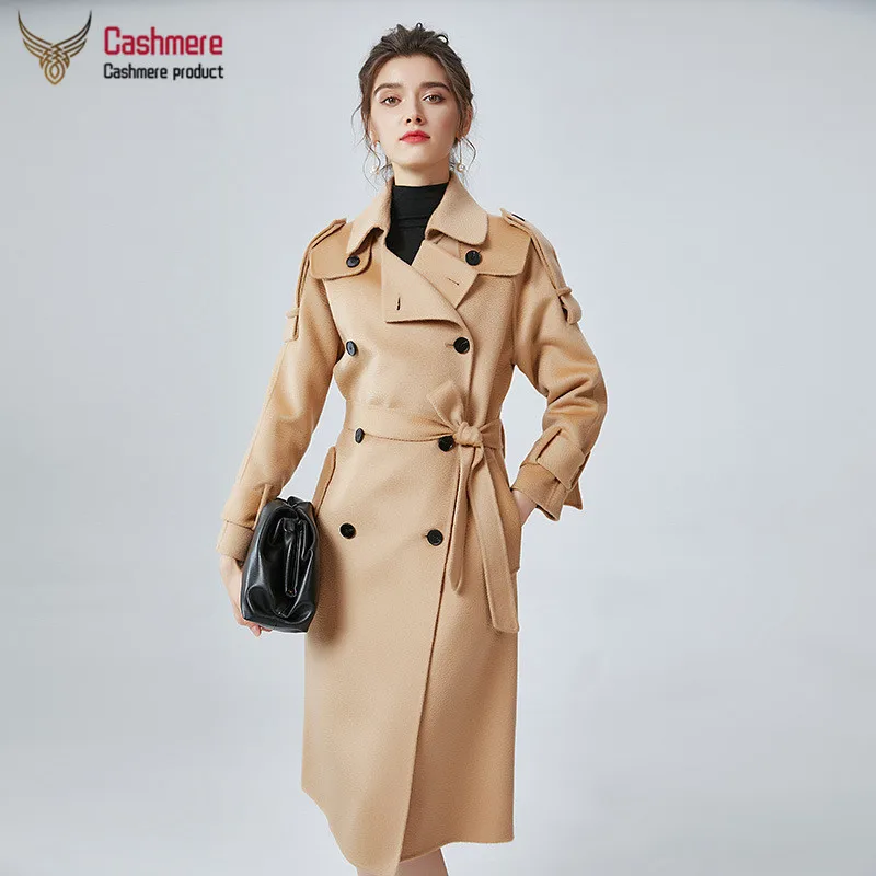 

Coat Female Wool Long Autumn Cashmere Coat Women's Winter Fashion Loose With Epaulettes Double-Breasted Camel Water Ripple Coat