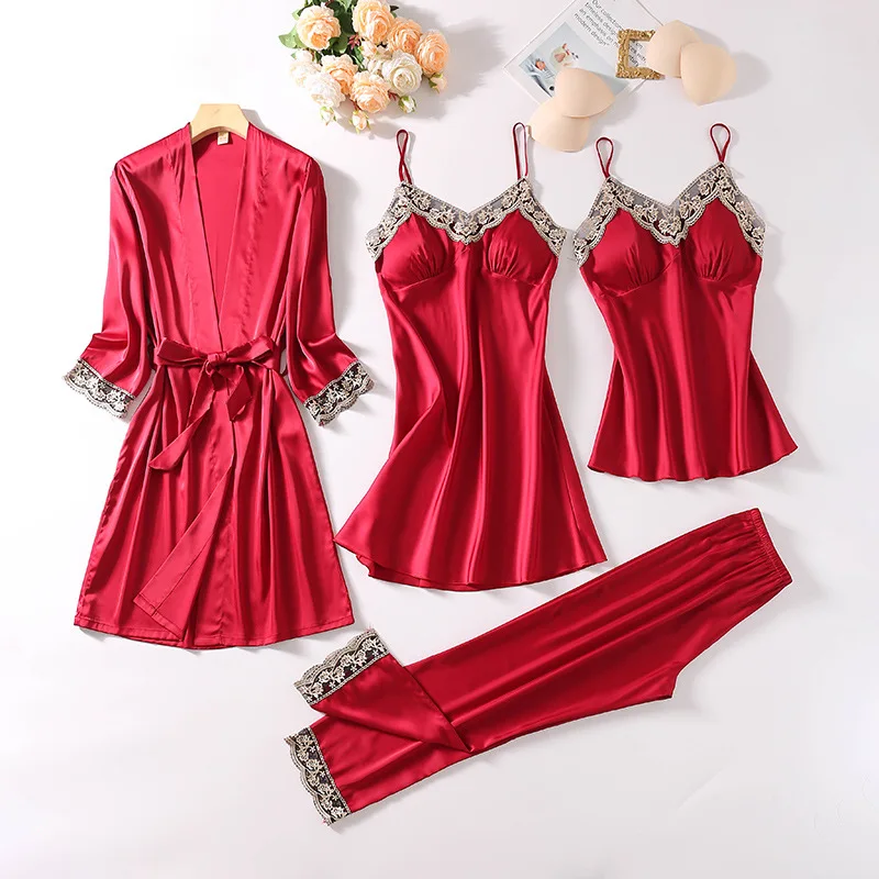 

Women's Sleepwear Sexy Satin Pajama Set Lace Trim V-Neck Pyjamas Sleeveless Cute Cami Pants Nightdress Kimono 4Pcs Suits