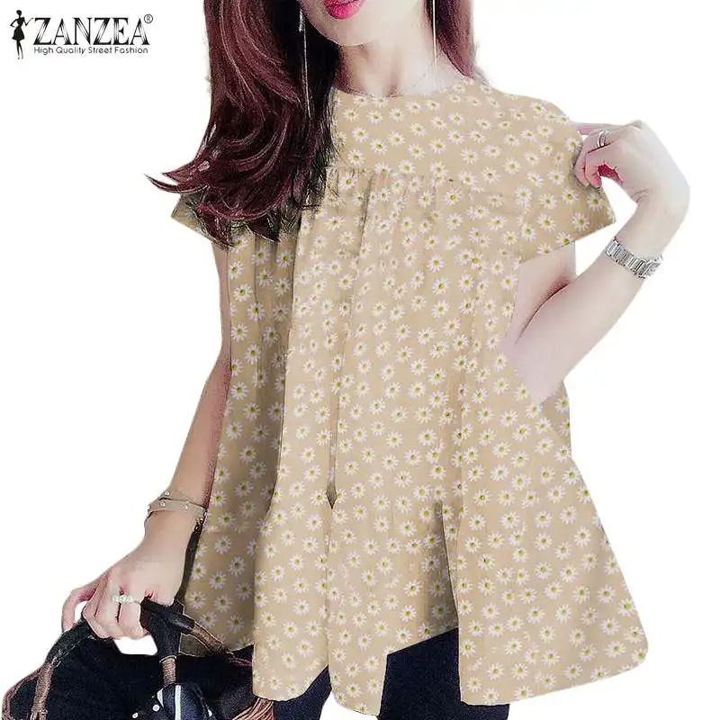

Floral Print Shirts Women Ruffle Bohemian Blouses ZANZEA Summer Daisy Tops Casual Short Sleeve Blusas Female O Neck Hollow Tunic