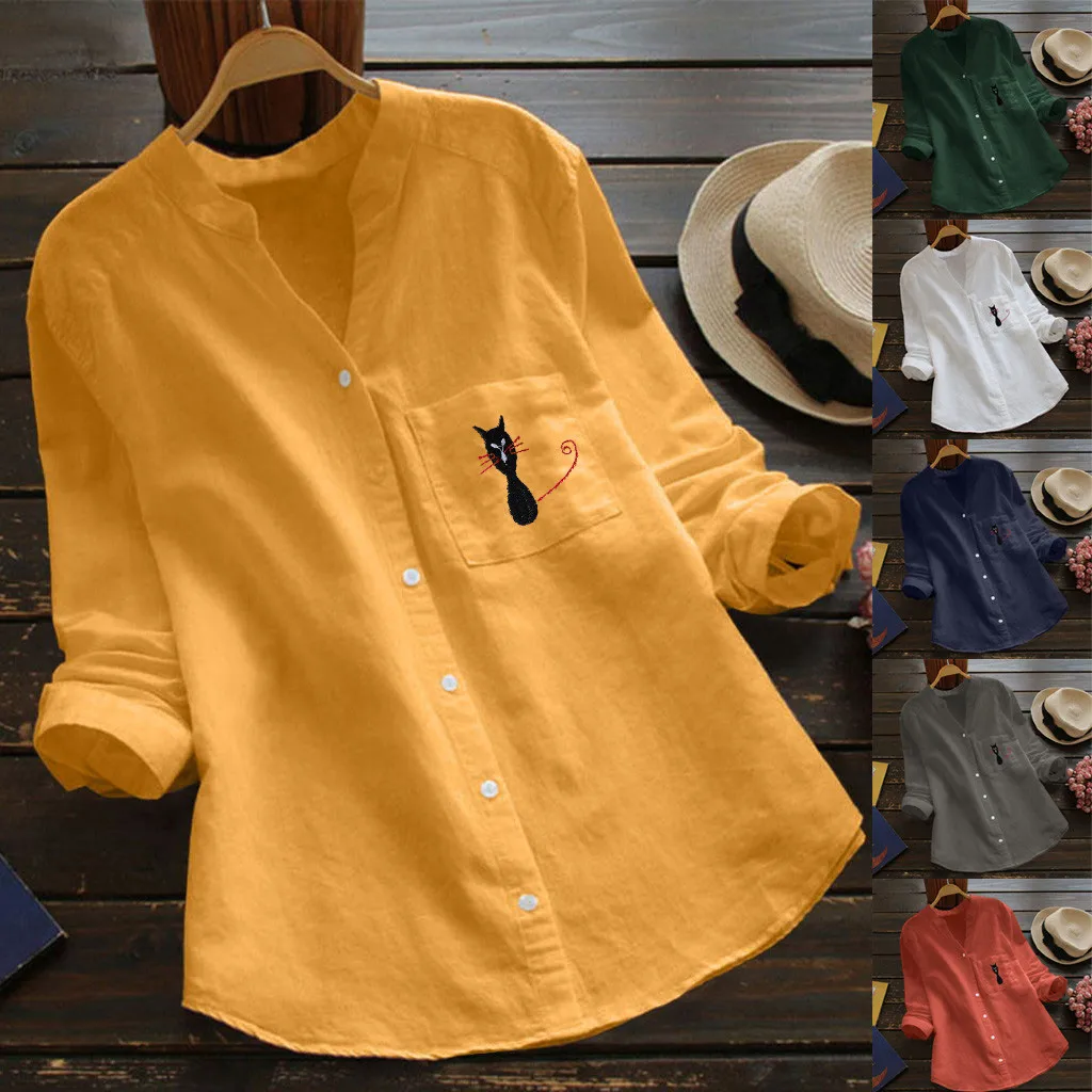 Женская блузка женская мода вышивка хлопок и лен v образный вырез длинный рукав