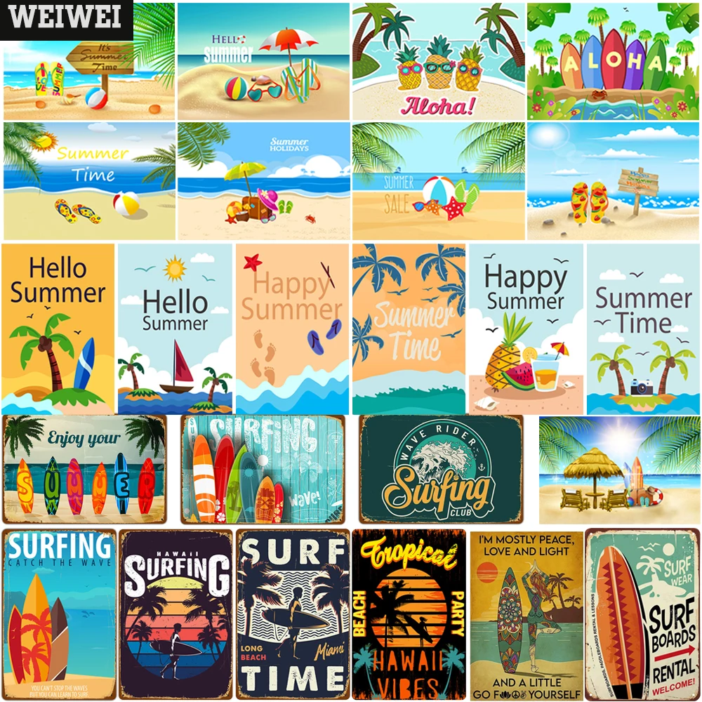 

Surfing Time Metal Sign Wall Pictures Art Plate Happy Summer Metal Poster Decor For Surfing Club Bar Porch Decorative Tin Signs