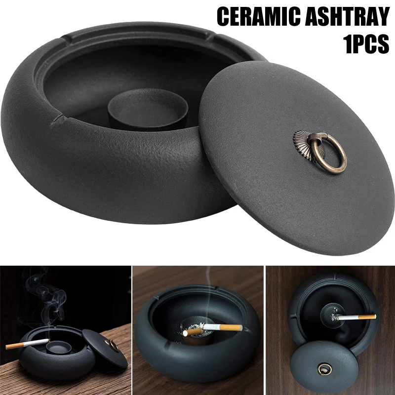 

Hot Black Ceramic Ashtray Personality Fashion Windproof Large with Lid for Living Room Home Office European Style Ashtray PLD