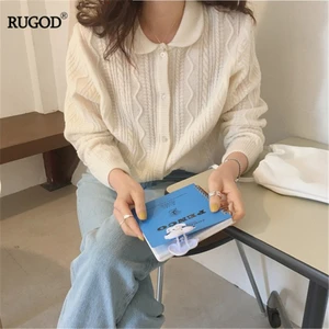 RUGOD 2019 Новый женский Тонкий Конопляный вязаный кардиган милый отложной воротник с длинными рукавами свободный свитер Стильное повседневное пальто