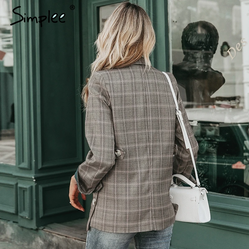 Simplee Plaid long sleeve female blazer Stripe lining office ladies Autumn winter casual outwear women jacket coat 2019 | Женская одежда