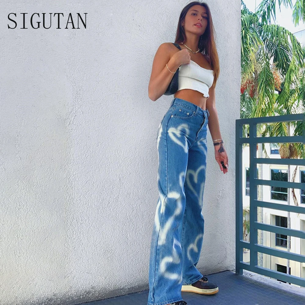 

Vintage Heart Printed Hot Baggy Jeans Women High Waist Harajuku Aesthetic Mom Jeans Denim Streetwear 90s Trousers Cuteandpsycho