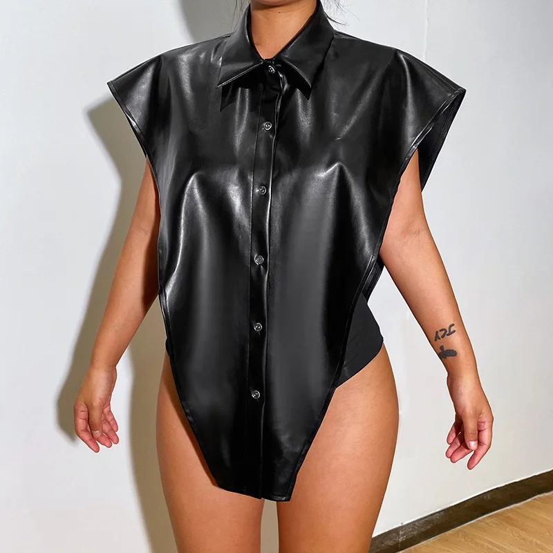 

Casual Solid PU Shirt For Women Lapel Sleeveless Loose Minimalist Irregular Blouse Female Fashion New Clothing Irregular Blouse