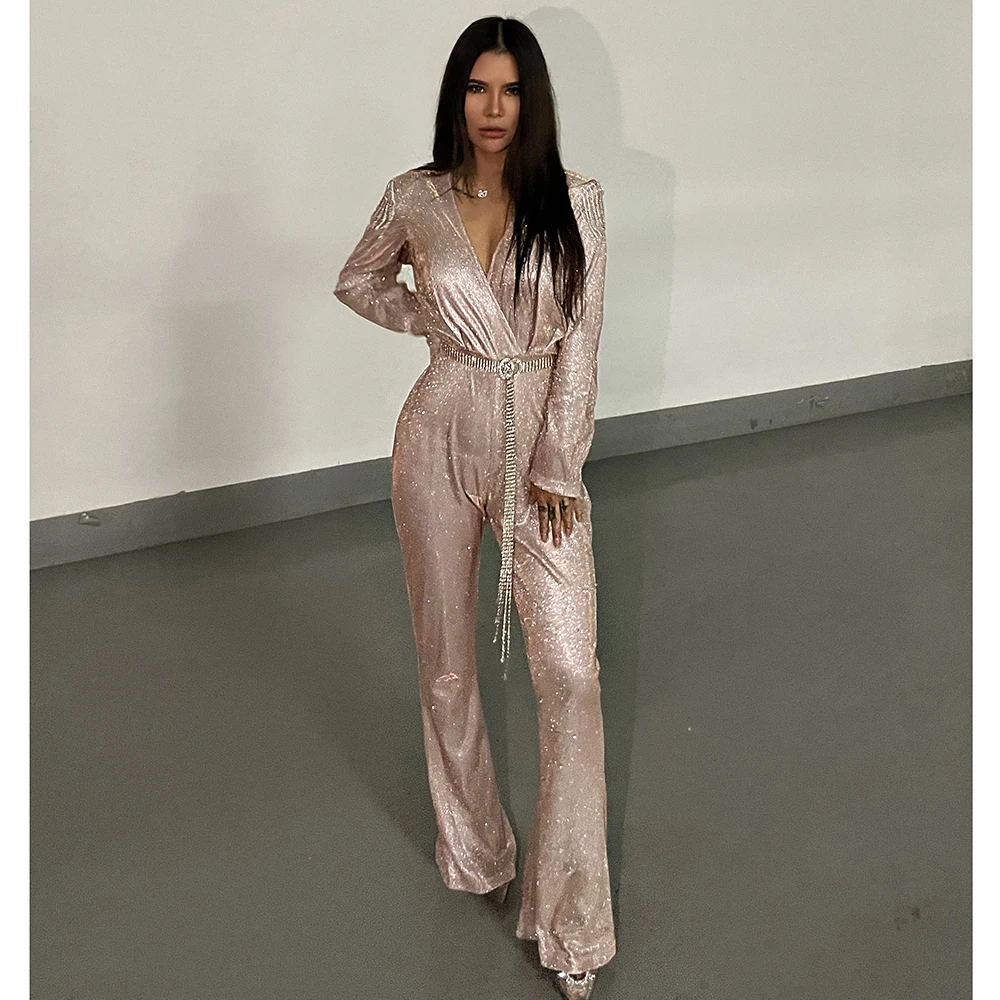 Fashion Diamonds Glitter Sexy V Neck Gold Silver Long Sleeve Women Jumpsuits with Belt Casual Streetwear Club Femme Rompers F389