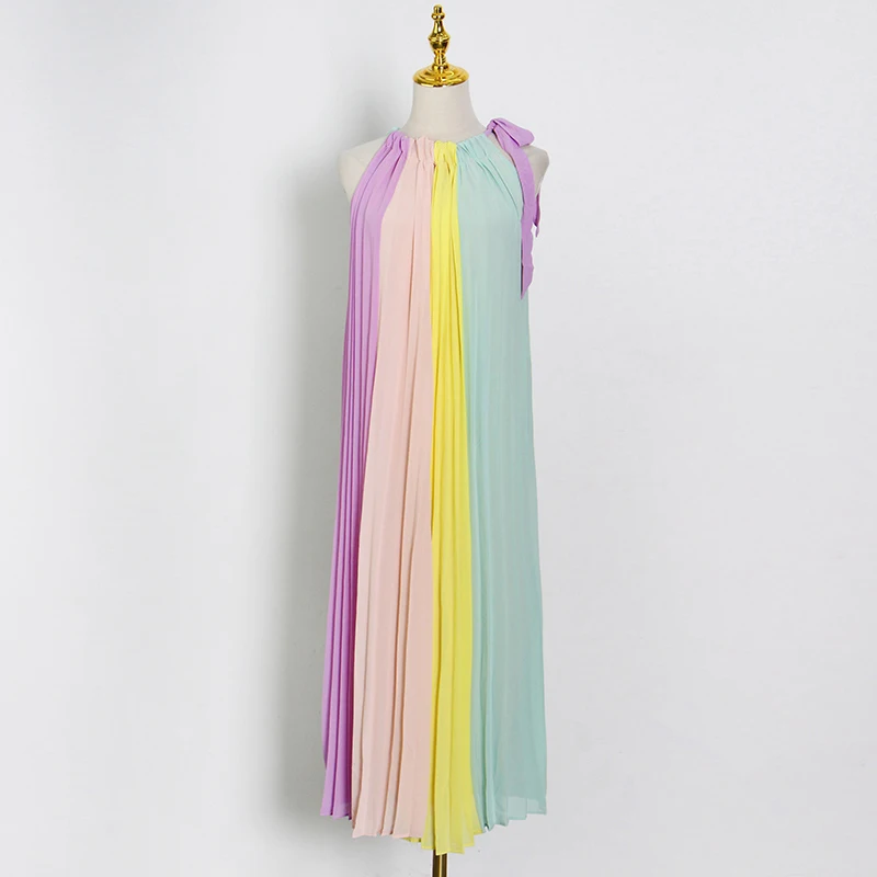 

Loose Hit Color Summer Dress For Women O Neck Sleeveless Patchwork Midi Dresses Female Fashion New Clothing 2021