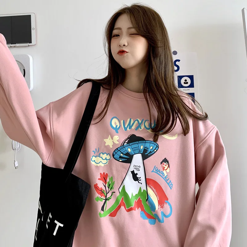

Spring Autumn Cotton Thin Sweatershirt Women 2021 Fashion Korean Loose Carton Long Sleeve Women Sweatshirt O-neck Pink Top Femme