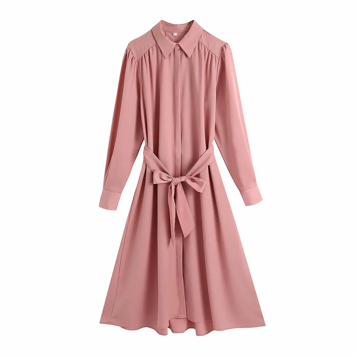 

Women Long Sleeve Lapel Solid Color Dress Vintage Puff Sleeve Loose with Belt Chic Female Midi Dresses Vestidos Mujer