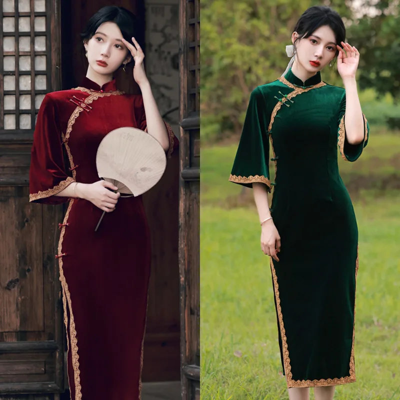 

Plus Size Vintage Chinese Traditional Evening Party Velvet Dress Green Red Modern Improved Version Cheongsam Qipao Brocade Gown