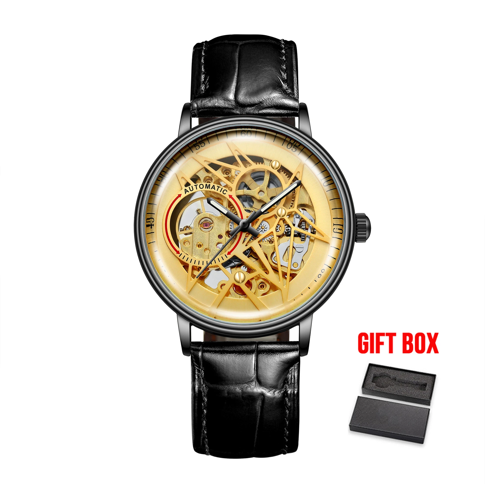 gold face w box BIDEN Топ бренд для мужчин новая мода автоматические механические часы со скелетом Tourbillon водонепроницаемые спортивные мужские наручные часы Relogio - Цвет: gold face w box