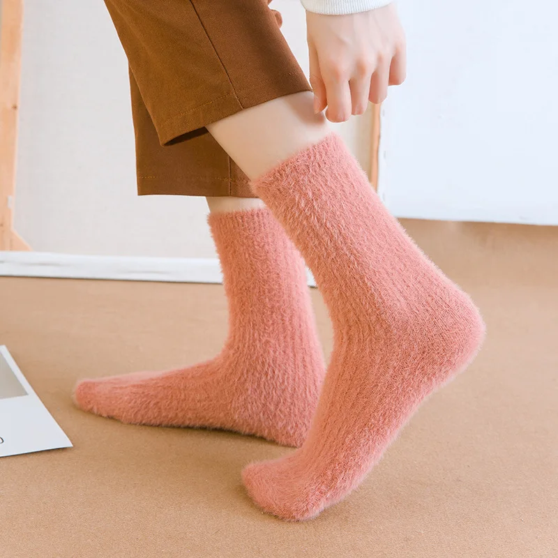 Модные норковые плюшевые теплые крупной вязки ворс женские одноцветные носки в