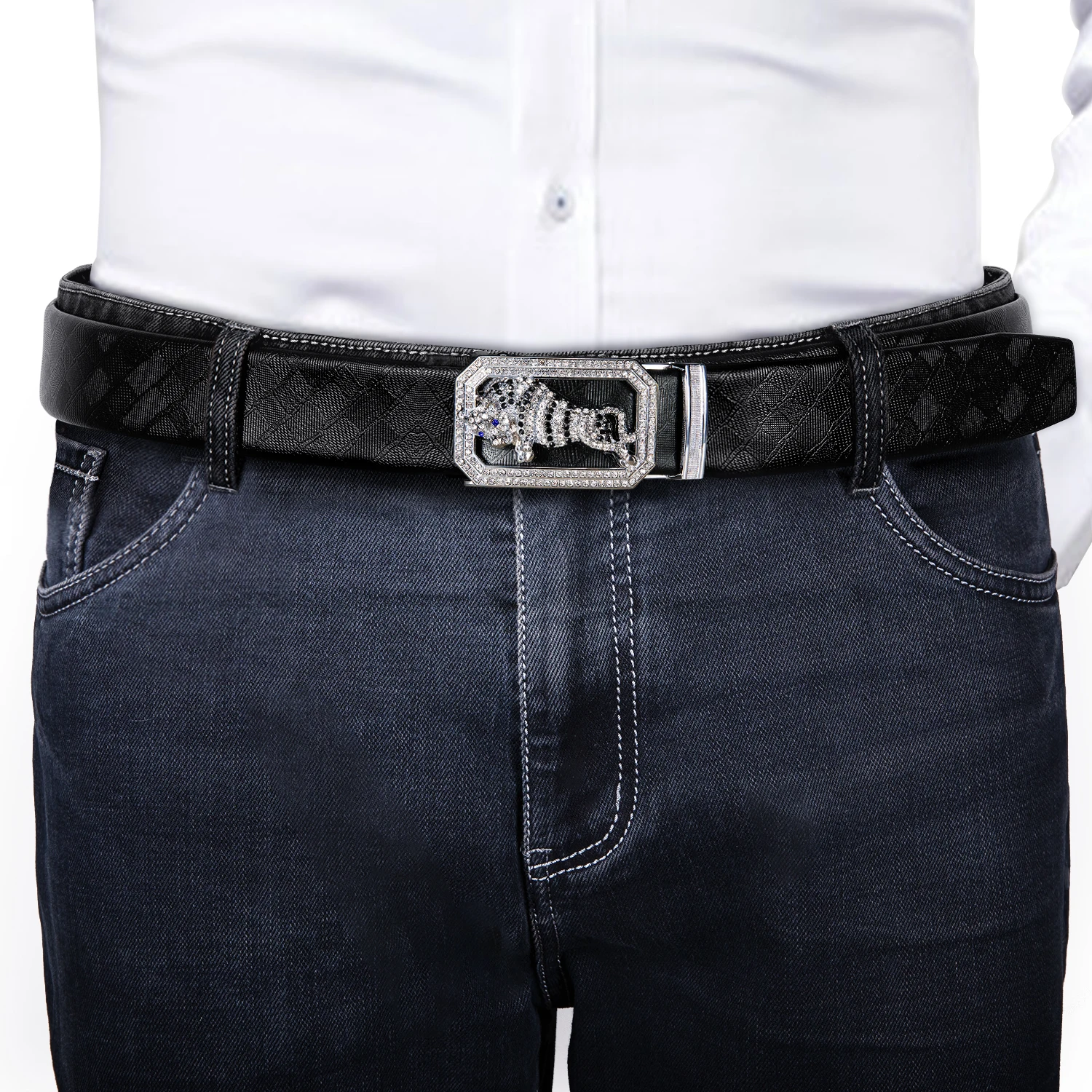 

Hi-Tie 3.5cm Waist Strap Black Belt for Men Leather Luxury Metal Diamond Automatic Buckle Gift for Men Business Party Jeans