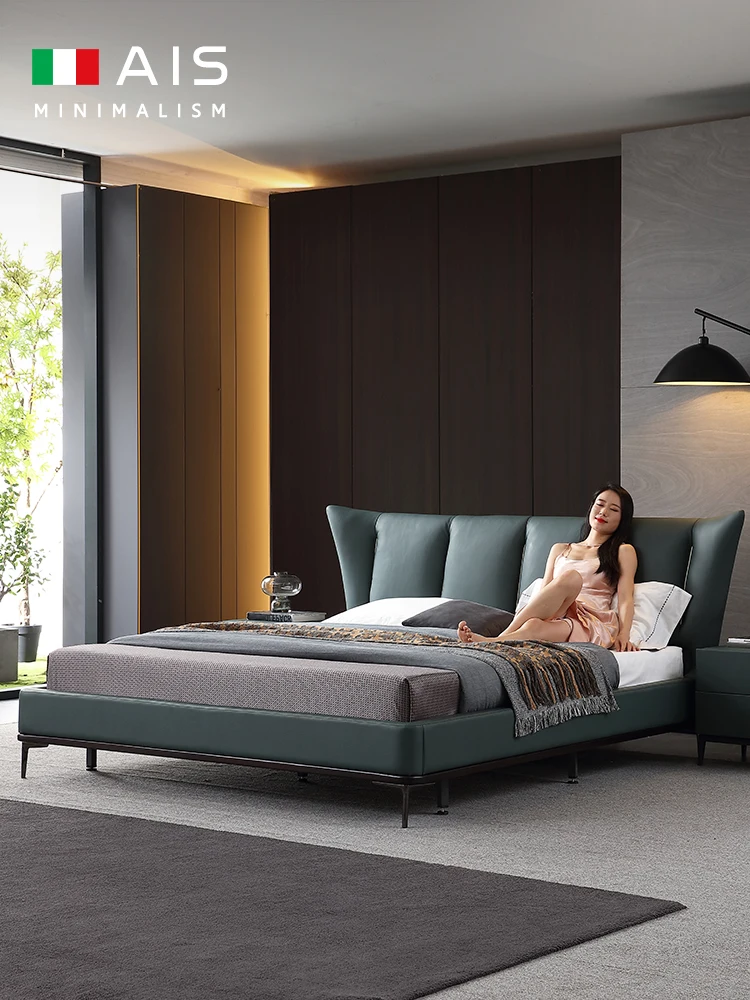 

2m/2.2m Italian minimalist leather bed, net red bed, large headboard cowhide, Italian modern light luxury leather bed