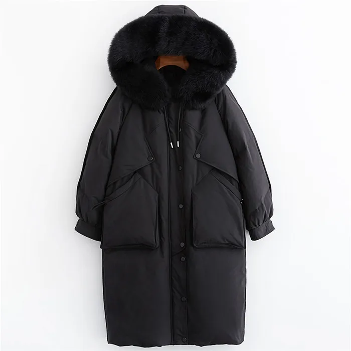 Пуховик для женщин средней длины с лисьим меховым воротником с капюшоном, пальто из белого утиного пуха, плотное теплое высококачественное Женское пальто JIU129