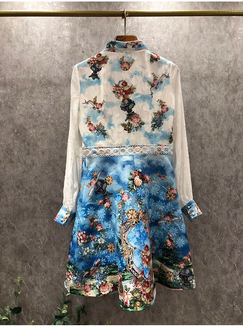 

Vintage Dress 2021 Spring Summer Fashion Clothing Women Bow Collar European Prints Long Sleeve Casual Party Gorgeous Dress XL
