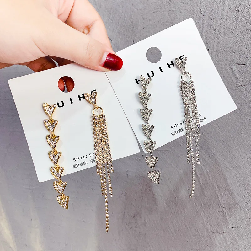 Иглы Асимметричная Полный алмаз серьги для женщин с надписью love длинными кистями