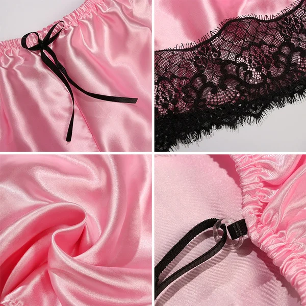 

Women Sexy Pajamas Set Sexy Satin Lace Spaghetti Strap Lingerie Sleepwear Suit Casual V-Neck Female 2 Piece Nightwear Shorts Set