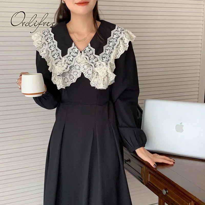 

Ordifree 2022 весеннее женское длинное платье в стиле преппи черное элегантное винтажное шикарное французское женское искусственное платье