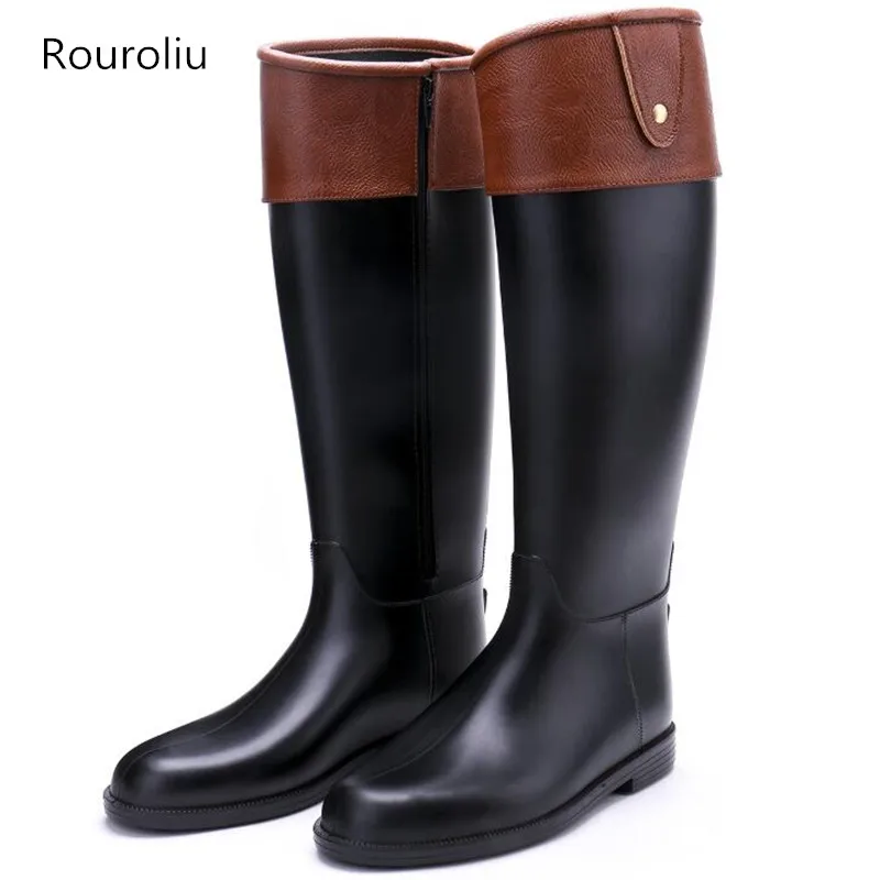 

Rouroliu Women Flat Heel Side Zipper Rain Boots Knee-high Non-slip Rainboots Woman Waterproof Water Shoes TR217