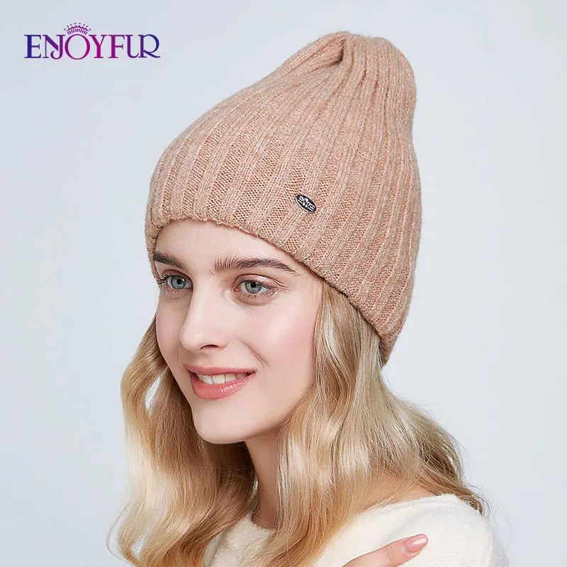 Женская Мягкая вязаная шапка бини ENJOYFUR Толстая теплая мохеровая с двойной