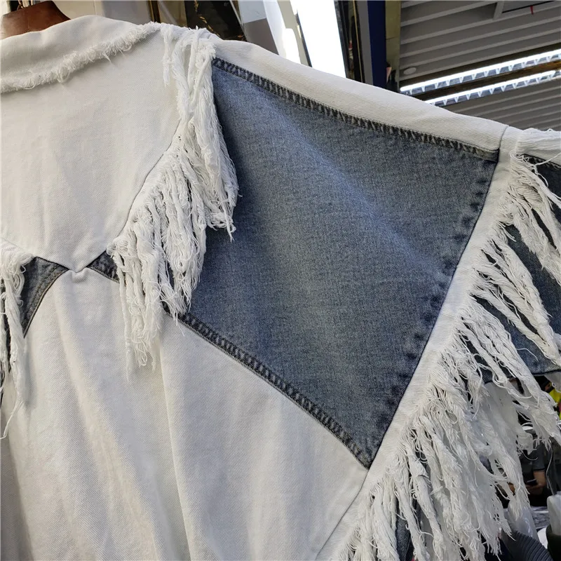 

2021 Spring New Color Matching Fringed Denim Jacket Women Loose Long sleeve Female Jeans Jackets Fashion Casual Ladies Coat Tops