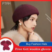 ptah elegant women beret temperament 100 australian wool beanie vintage plain beret lace soild color caps ladies high quality