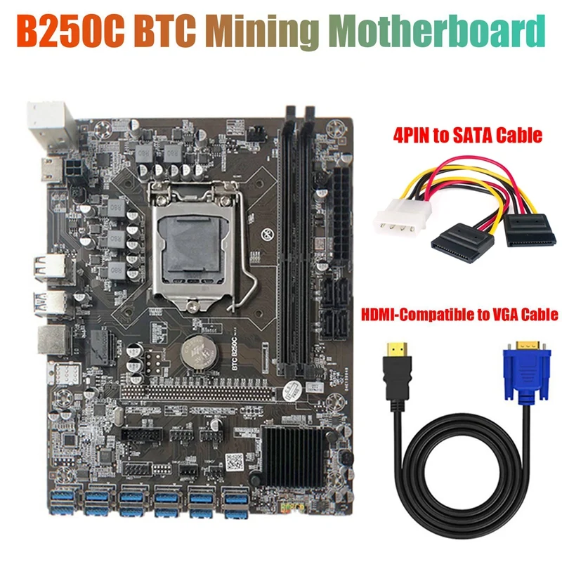 B250C Mining Motherboard with HD to VGA Cable+ 4PIN to SATA Cable 12 PCIE to USB3.0 GPU Slot LGA1151 Support DDR4 RAM