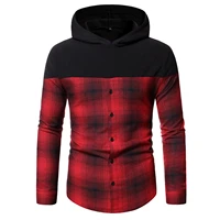 mens casual hoodie color block checked button pullover hooded sweatshirt