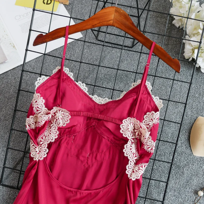 Розовое женское белье шелковое платье для сна кружевное Ночное женская ночная