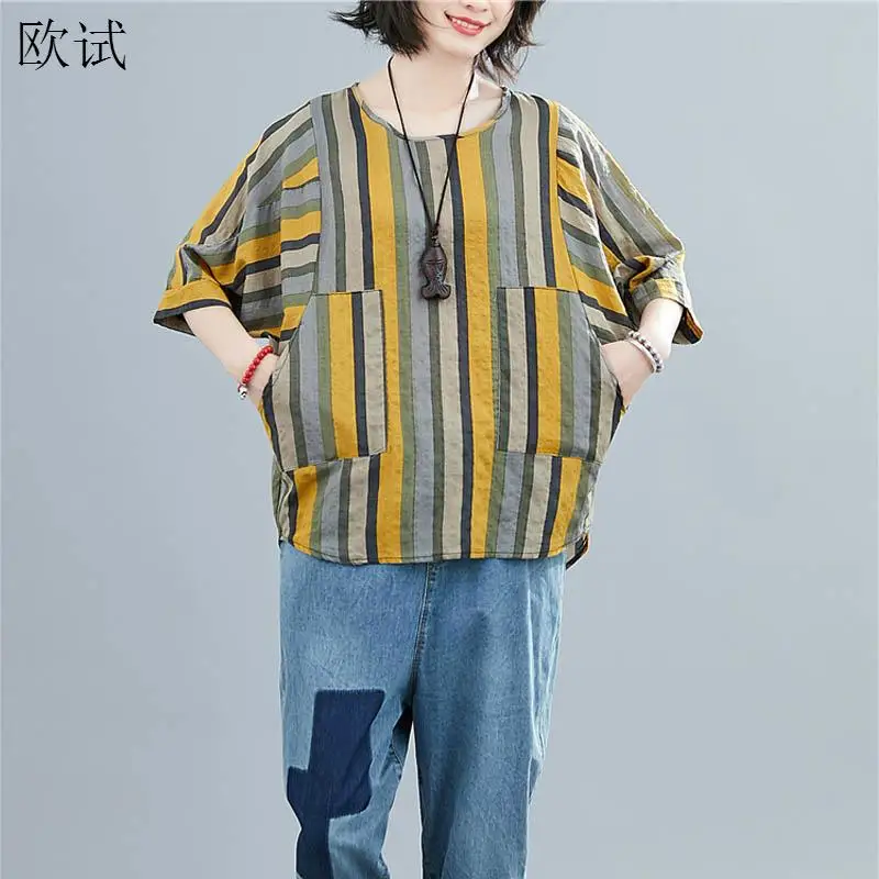 

Oversized Striped Summer T Shirt 2022 Women Cotton Linen Tshirt Batwing Sleeve Vintage Tee Shirt Femme Ladies T-Shirt 4XL Vogue