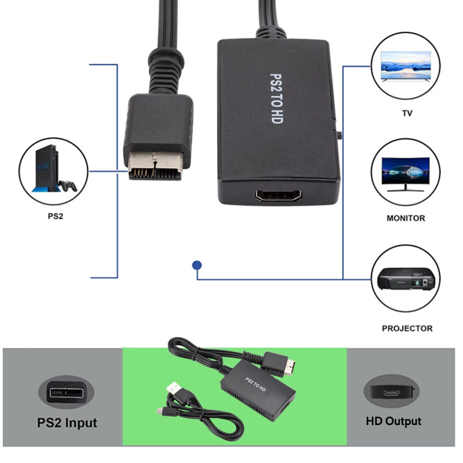 1080p full hd adapter with dc 5v power supply cable for ps2 to hdmi compatible tvmonitorprojectorpc computer male to female free global shipping
