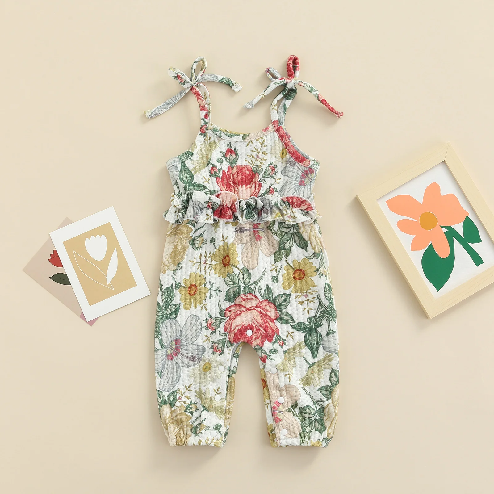 

Baby Girls Casual Strap Jumpsuit Multi-color Floral Printed Pattern Sleeveless Off-the-shoulder Romper 3-24 Months
