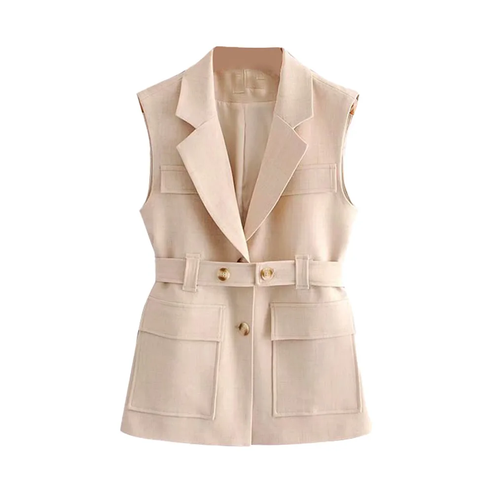 

2021 spring and autumn new women's four-color fashion all-match waist waist slim pocket design with belt suit vest vest jacket